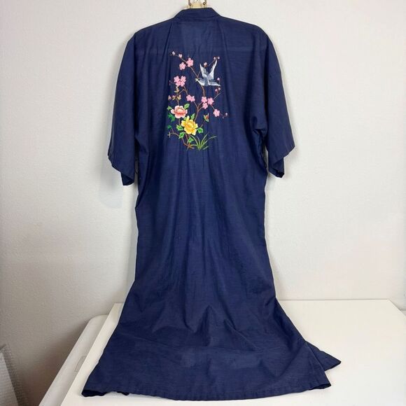 Vintage Chinese Blue Kimono Robe Floral Bird Embroidery 70s - Picture 1 of 9
